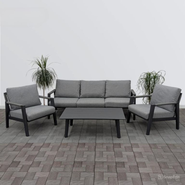 Комплект плетеной мебели HANA каркас чёрный (диван 3-х + коф.столик + 2 кресла с подушками) Комплект плетеной мебели HANA каркас чёрный (диван 3-х + коф.столик + 2 кресла с подушками)