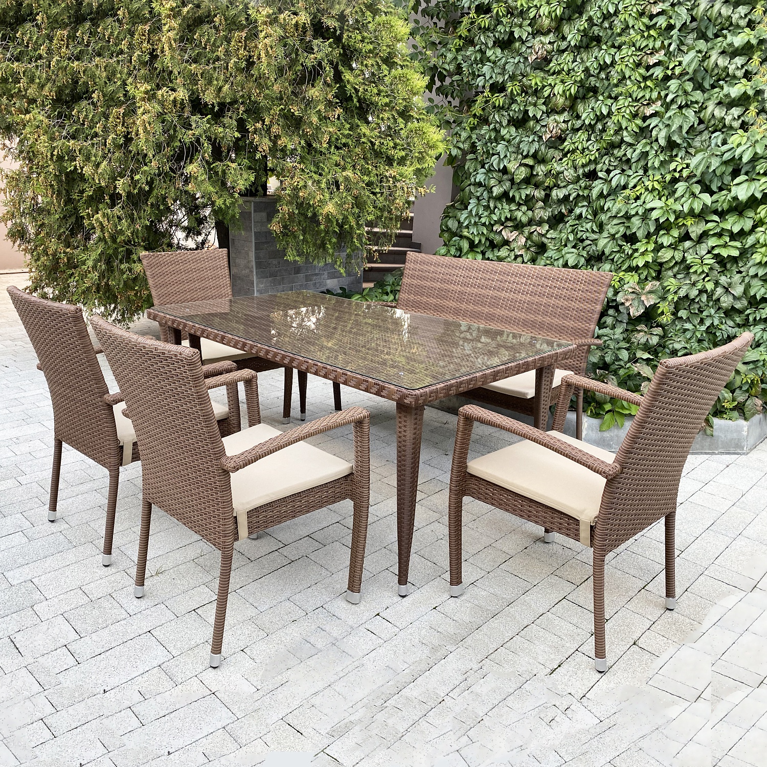 Комплект плетеной мебели БАЛИ (стол, 4 кресла и лавка) Комплект плетеной мебели БАЛИ (стол, 4 кресла и лавка)